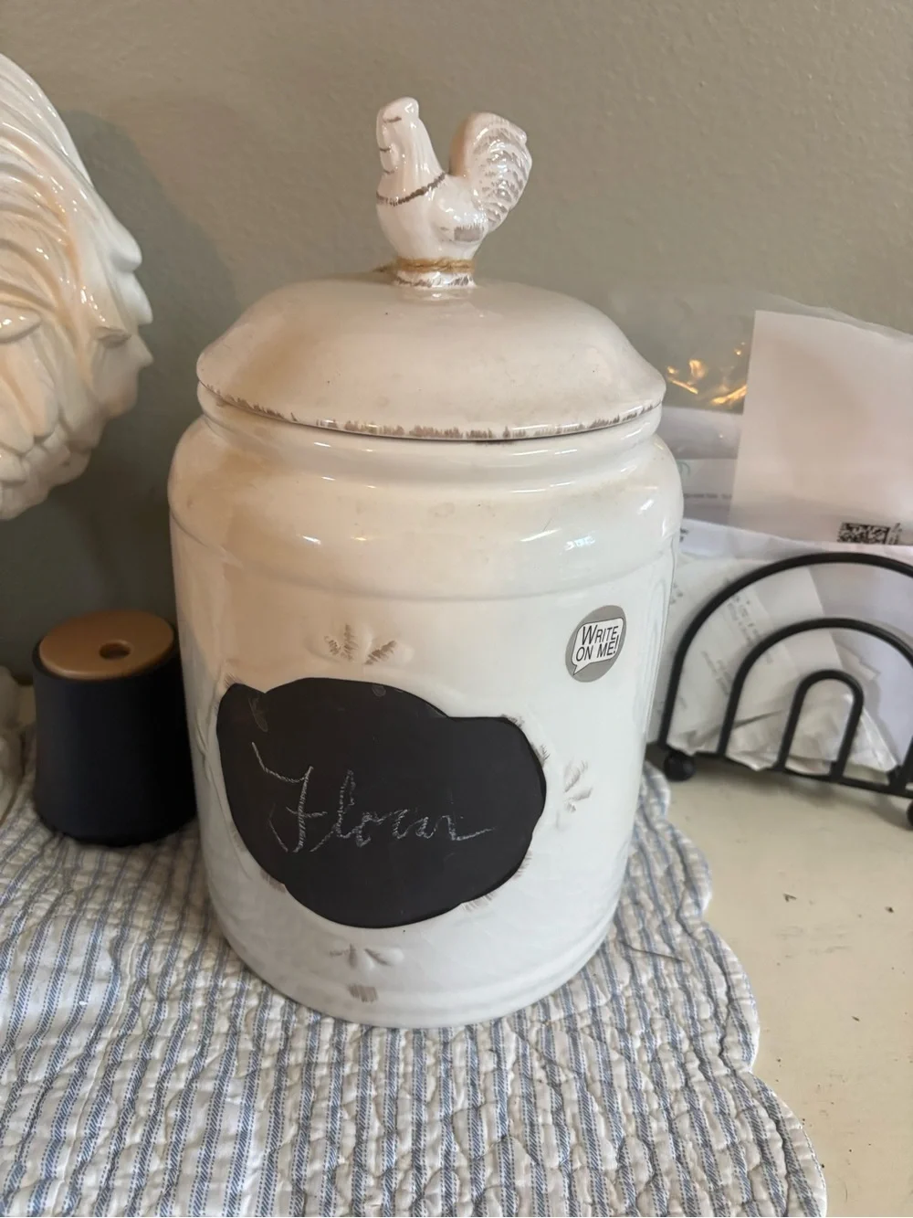 White Ceramic French CountryKitchen Canisters with Rooster Lid - White